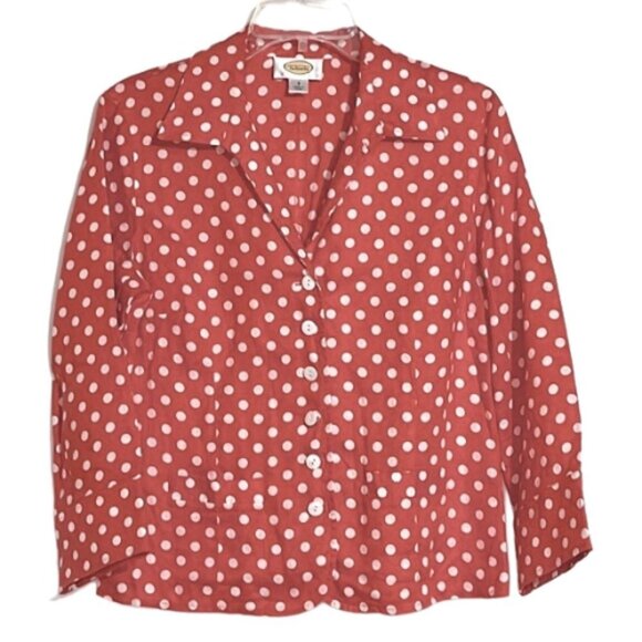 Talbots Coral Linen Polka Dot Coastal Grandma Beachy Button Down Blouse Size 8 - Picture 1 of 8
